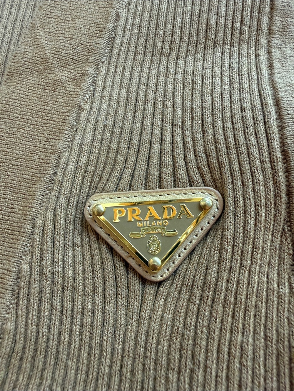 Prada Ribbed Knit Sleeveless Zip Vest Cardigan Brown Camel Leather Logo Plaque - Picture 6 of 16